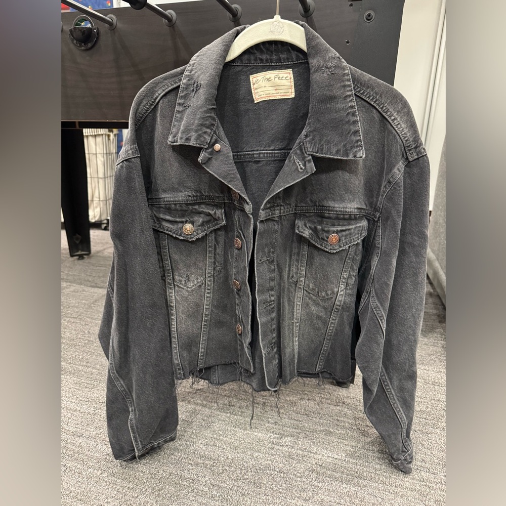 Free People Black Denim Jacket (cropped frayed) size S